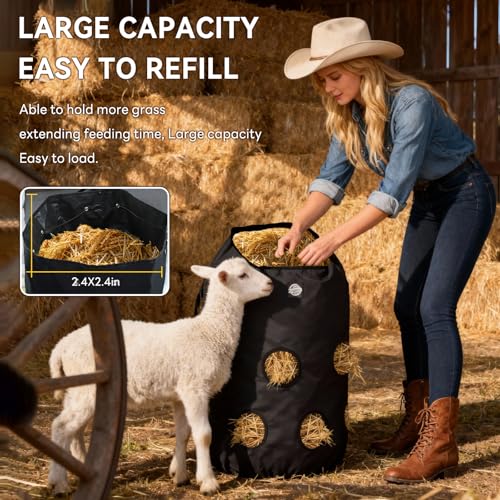 3 Pcs Hay Bags for Horses,Slow Feeder Hanging 1200D Oxford Cylindrical Hay Bag,Net Large Opening Feed Hole Hay Bag,Horse, Goats, Sheep,Cows & Donkeys (Black)