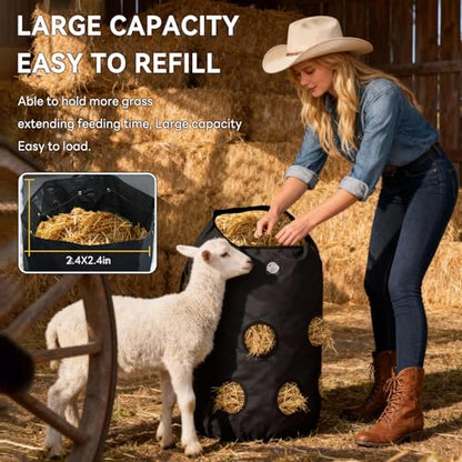 3 Pcs Hay Bags for Horses,Slow Feeder Hanging 1200D Oxford Cylindrical Hay Bag,Net Large Opening Feed Hole Hay Bag,Horse, Goats, Sheep,Cows & Donkeys (Black)