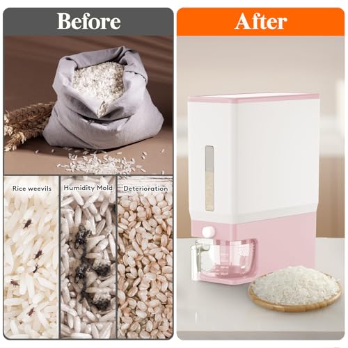Lifewit Rice Dispenser 25 Lbs, Airtight Storage with Measuring Cup, Pink - color: Pink