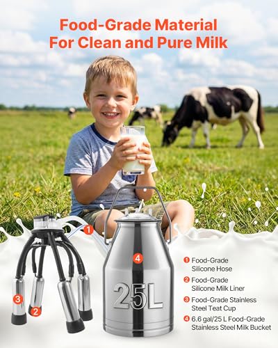 VEVOR Electric Cow Milking Machine, 25 L, 304 Stainless Steel Bucket - size: 25L