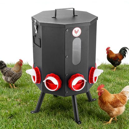 Automatic Chicken Feeder 8 Feeding Ports, 50lbs No-Waste Gravity Poultry Feeder 8 Feeding Ports with Rainproof Lid, Rodent-Proof Large Capacity Metal Chicken Feeder for Hens, Ducks, Birds