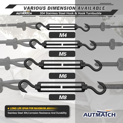 AUTMATCH M5 Hook&Hook Turnbuckle - 304 Stainless Steel Wire Rope Tensioner | Adjustable Turnbuckle for Cable Railing, Fence & Shade Sail Hardware, Wire Rope Tension Kit, 6-Pack, Black - color: Black Tone - Hook & Hook, size: M5
