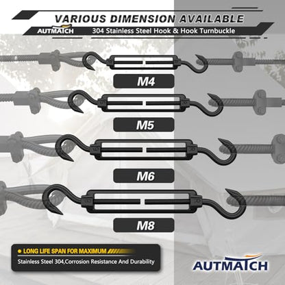 AUTMATCH M5 Hook&Hook Turnbuckle - 304 Stainless Steel Wire Rope Tensioner | Adjustable Turnbuckle for Cable Railing, Fence & Shade Sail Hardware, Wire Rope Tension Kit, 6-Pack, Black - color: Black Tone - Hook & Hook, size: M5