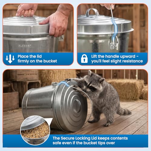 Plexon 6 Gallon Small Metal Trash Can with Lid Outdoor Locking Galvanized Metal Garbage Can with Lid for Poultry Feed Bird Seed Storage Ash Galvanized Bucket
