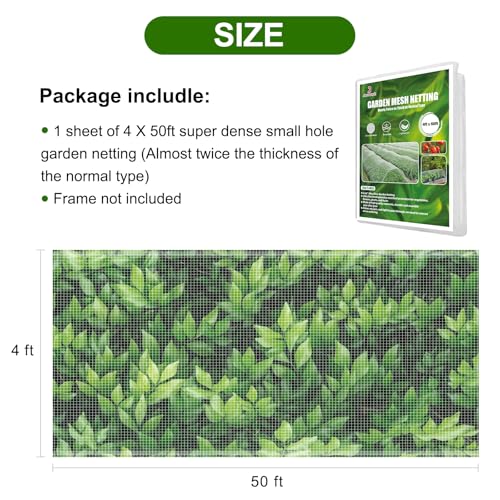 Jevrench 4 x 50 ft Garden Netting Row Cover, Ultra Fine Mesh for Plants | Protective Plant Netting for Gardens, Raised Beds and Greenhouses, Mesh Cover for Vegetables, Fruit Trees and Flowers - size: 4ft x 50ft