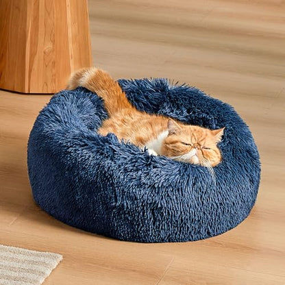 Bedsure Calming Cat Beds Donut Round Washable Kitten Bed,20 inches Navy | Fluffy Faux Fur Cuddler,Machine Washable,Anti-Slip Bottom,Anti-Anxiety,Deep Sleeping for Cats&Small Pets Up to 15 Lbs - color: Navy, size: 20"L x 20"W x 6"Th