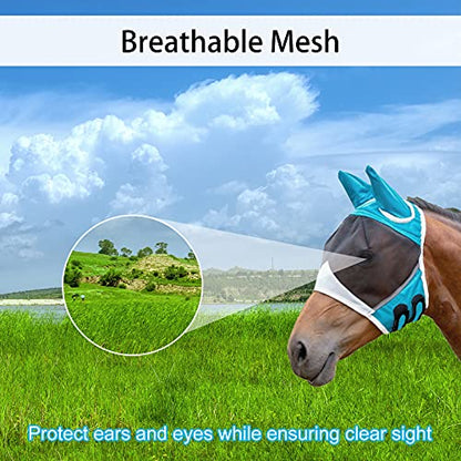 Andiker Soft Mesh Horse Fly Mask with Ears, Breathable Horse Face Mask Protect Eyes and Face (Green, Medium) - size: Medium