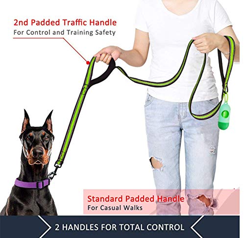 JSXD Heavy Duty Double Handle Dog Leash - 5 FT with Comfortable Padded and Reflective Rope, for Small to Large Dogs (Wide-Green) - color: Wide-Green