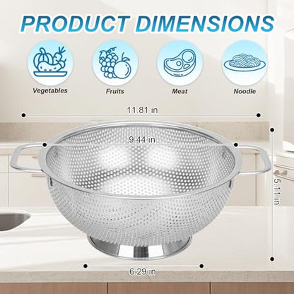 304 Stainless Steel Colander, Micro-Perforated 5-Quart Strainer with Base, Dishwasher Safe. Great for Pasta, Noodles, Vegetables & Fruits - size: 5QT
