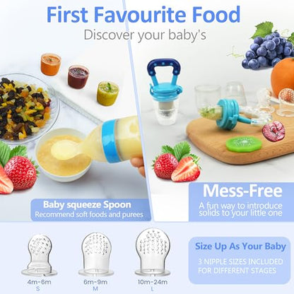 Baby Fruit Feeder Pacifier - 5 Pack | 2 Baby Food Feeder Pacifier & 1 Infant Food Dispensing Spoon | Fresh Fruit Teethers for Babies | Shower Gifts for Boys and Girls (Blue & Green) - color: 07-Blue