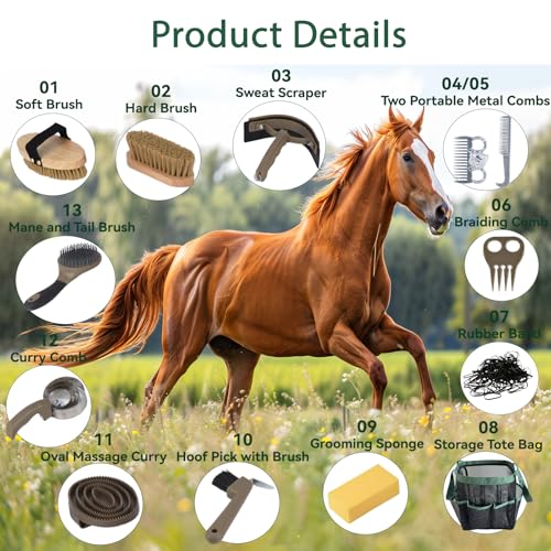 Horse Grooming Kit 13 Piece, Horse Brushes for Grooming Supplies Set