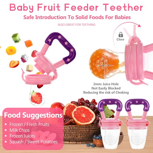 Baby Fruit Feeder Pacifier | Infant Food Feeder Pacifier & Food Dispensing Spoon | Mesh Fresh Fruit Teethers for Babies | Silicone Feeder Baby Shower Gifts for Boys and Girls (Pink) - color: 02-Pink