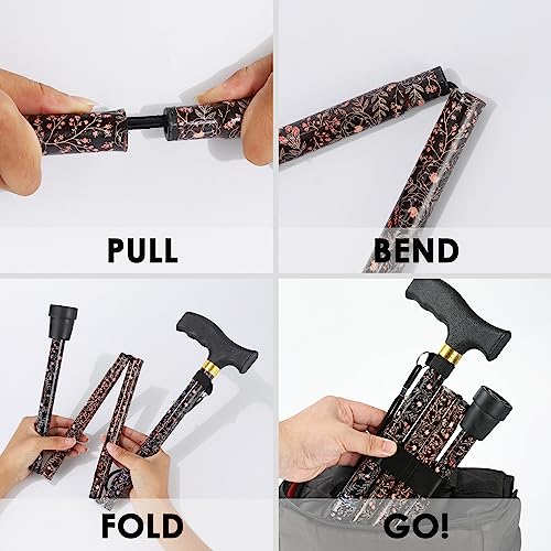 Walking Cane PANZHENG Cane for Man/Woman | Mobility & Daily Living Aids | 5-Level Height Adjustable Walking Stick | Comfortable Plastic T-Handle Portable Walking Stick Folding Cane - color: balck flower