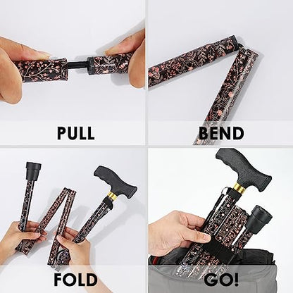 Walking Cane PANZHENG Cane for Man/Woman | Mobility & Daily Living Aids | 5-Level Height Adjustable Walking Stick | Comfortable Plastic T-Handle Portable Walking Stick Folding Cane - color: balck flower