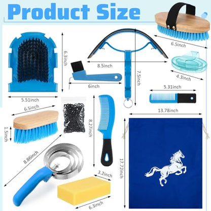 Abbylike 12 Pieces Horse Grooming Kit Equine Care Brushes,Blue - color: Blue