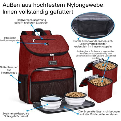 BAGLHER丨Dog Travel Bag, Airline Approved Pet Supplies Backpack, Dog Travel Backpack with 2 Silicone Collapsible Bowls and 2 Food Baskets - color: Red-A