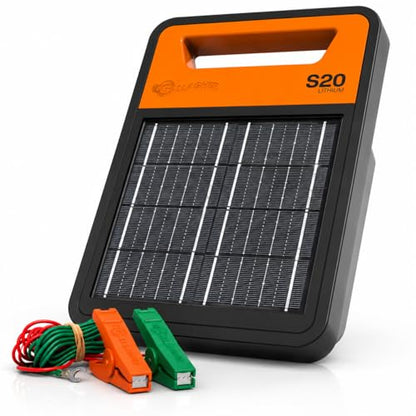 Gallagher S20 Solar Electric Fence Charger | Powers Up to 2 Miles of Typical Fence | Lithium Battery Technology | 0.2 Joule Solar Energizer for Poultry, Livestock, Gardens, and Pets