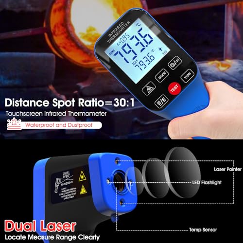 Pyrometer AI-1600APP, -58℉~2912℉ High Temp Thermometer Gun D:S=30:1 Dual Laser Industrial ir Thermometer Gun w/Touch Buttons, Rechargeable Can be Connected to Phone APP (NOT for Human Temp) - color: Dark blue