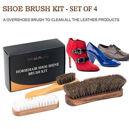 TAKAVU Shoe Shine Kit 4pcs, 100% Horse Hair, Polish & Crepe Suede Brush