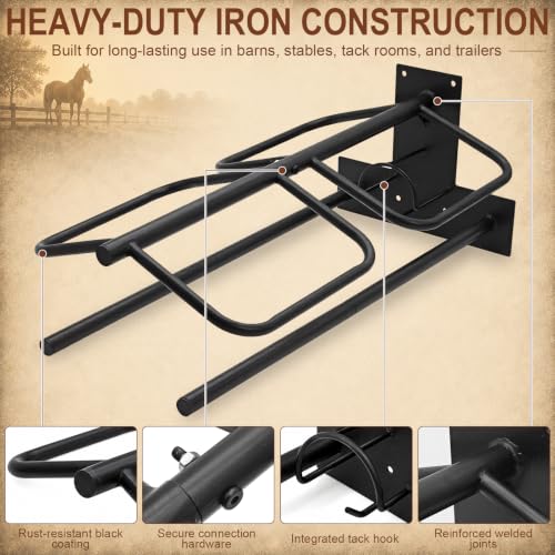Wall Mounted Saddle Rack Set of 2, 120-lb Capacity Heavy Duty Iron Saddle Stand with Dual Blanket Bars and Tack Hook, Fits Western and English Saddles, for Barn, Stable, Trailer, Tack Room - size: 2Pcs
