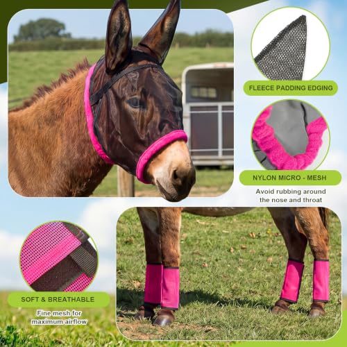 Mini Donkey Fly Mask with Ears and 4 Set Donkey Fly Boots Mule Leggings, Breathable Stretchy Mule Leg Wraps Mask Boots with Mesh Eye Covers from Insects and Bugs with Adjustable (Rose Red) - color: Rose Red