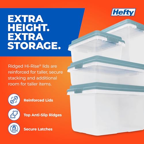 Hefty Hi-Rise Storage Bin with Lid, 40 Quart, Smoke Blue, 6 Pack | Stackable Plastic Container Tote for Home, Office, and Classroom Organization - size: 40 Qt - 6 Pack
