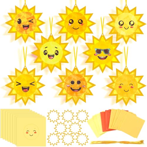 AmazingSpark 30 Pcs Sun Suncatchers Craft Kits, Stained Glass Spring | DIY Tissue Paper Set for Kids, Sun Face Designs, Bulk Party Art Activities, Summer Classroom Window Decorations - style: Sun