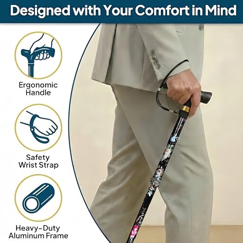 Walking Cane with LED Light, Foldable,Adjustable, Self Standing Walking Canes for Men & Women,Walking Sticks with Quad Base for Seniors & Adults - color: Black flowers