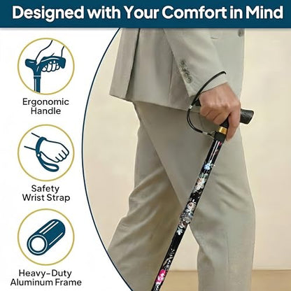 Walking Cane with LED Light, Foldable,Adjustable, Self Standing Walking Canes for Men & Women,Walking Sticks with Quad Base for Seniors & Adults - color: Black flowers