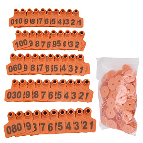 HEEPDD Livestock Ear Tags, Orange TPU Numbered 001-100, Animal Identification Labels for Sheep Cattle Pigs, 100 Pieces