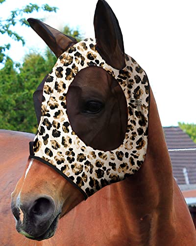 Harrison Howard Super Comfort Stretchy Fly Mask Large Eye Space with UV Protection Soft on Skin with Breathability Leopard Print XL Extra Full Size - color: Leopard Print, size: Extra Full Size