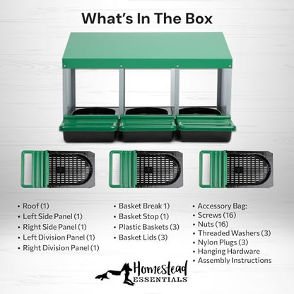 Homestead Essentials Classic Style 3 Compartment, Forward Rollout & Rollaway, Hen & Chicken Nesting Box with Integrated Perch and Protective Egg Laying Collection Lids - size: 3 Compartment