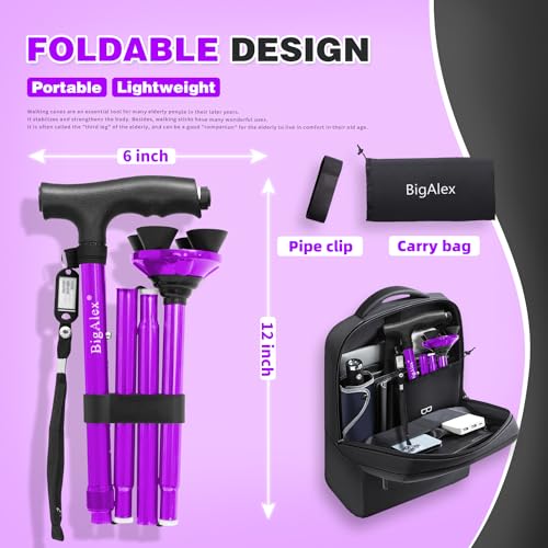 BigAlex Folding Walking Cane with LED Light,Pivoting Quad Base,Adjustable Walking Stick with Carrying Bag for Men/Women - color: Purple(5'5"-6'3")