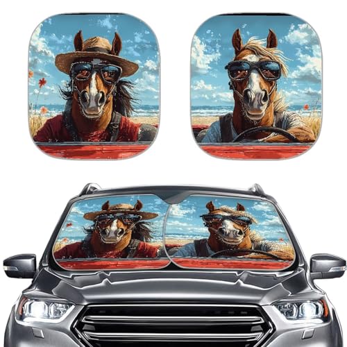 Fashion Horse Car Windshield Sun Shade 2-Piece Foldable Car Sunscreen Blocks UV Rays and Keeps Vehicle Cool for Most Sedan Truck SUV - color: Fashion Horse