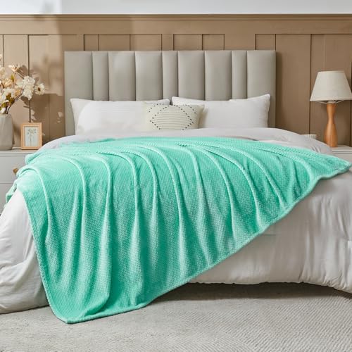 NEWCOSPLAY Fleece Leaves Pattern Throw Blanket, Aqua, 50"x60" - color: Aqua, size: Throw(50"x60")