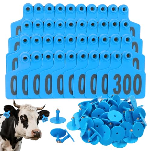 300Pcs Cattle Ear Tags 001-300 Numbered Large Plastic Livestock Ear Tags Animal Identification Tags for Cattle Goat Sheep Pig Cow, Farm Management Tools (Blue)