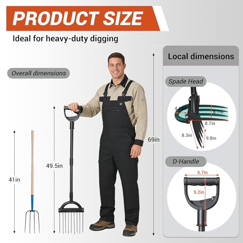 Broad Fork Garden Tool, Heavy Duty 5+4 Sharp Tines BroadFork Hand Tiller Garden Pitchfork with Ergonomic Handles for Spading Digging Fork Gardening Cultivating Composting and Loosening