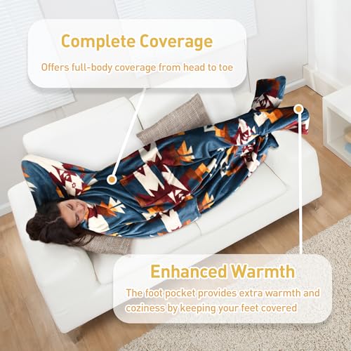 Catalonia Wearable Blanket with Sleeves & Foot Pocket for Adults - color: Southwest Blue, size: Fleece