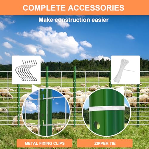 4 Feet (L) Fence Post 10 Pack Metal Fence Posts, Green Garden Fence Post with 20 Zip Ties and 20 Metal Clips, for Wire Fencing, Yard, Lawn, Outdoor Landscaping