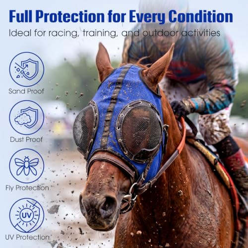 Adjustable Horse Fly Mask with Detachable Blinker, 60% UV Protection - color: Blue