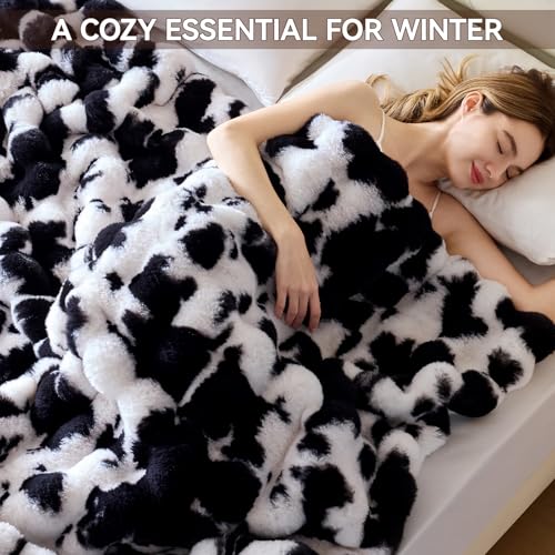 Anysay Faux Fur Throw Blanket, 1000GSM Fluffy Soft Bubble Blanket 60''*80'' - color: Cow Black, size: Twin