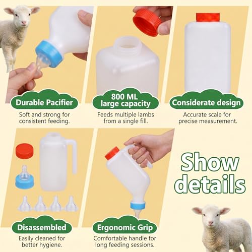 2PCS 800ml Lamb Feeding Bottle with 4 Silicone Nipples Thickened Down Livestock Milk Bottle with Measurement Mark Reusable Goat Nursing Bottles for Sheep Goat Lamb Fawns Nigerian Dwarf Doeling Dog