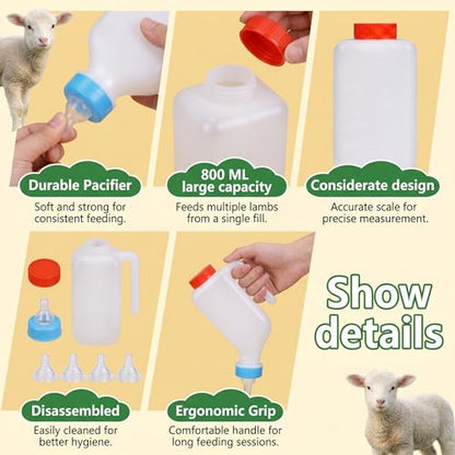 2PCS 800ml Lamb Feeding Bottle with 4 Silicone Nipples Thickened Down Livestock Milk Bottle with Measurement Mark Reusable Goat Nursing Bottles for Sheep Goat Lamb Fawns Nigerian Dwarf Doeling Dog