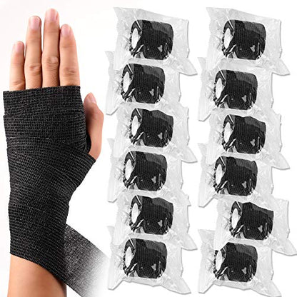 12 Pack Self Adherent Cohesive Wrap Bandages 2 Inches X 5 Yards, First Aid Tape, Elastic Self Adhesive Tape, Athletic, All Sports wrap Tape, Breathable Wound Tape, Bandage Wrap for Wrist, Ankle, Black - size: 12 Count (Pack of 1)