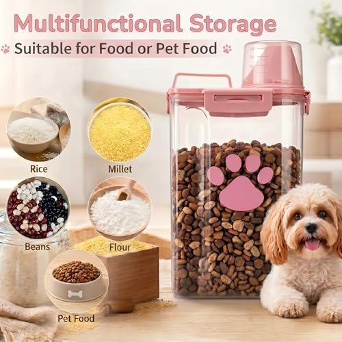 Dog Storage Container with Cleaning Brush and Measuring Cup - color: 3QT-Pink