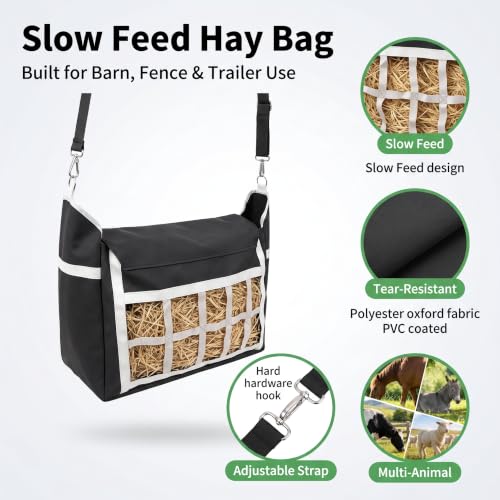 2 Pack Slow Feed Horse Hay Bag, Heavy Duty Waterproof Oxford Hay Feeder Bag with 3.6" Slow Feed Holes, Hanging Hay Net for Stall, Fence, Trailer, Fit Horse Sheep Goat Cattle Donkey