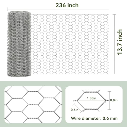 Amagabeli Chicken Wire Fencing 13.7 in x 236 in(20ft) Garden Netting Poultry Wire Hexagonal Galvanized Mesh Roll Fence Barrier for Raised Bed Cattle Panels for Plant Trellis Vegetable Bird Pet Craft - size: 1" 13.7"x20' + 100 Ties