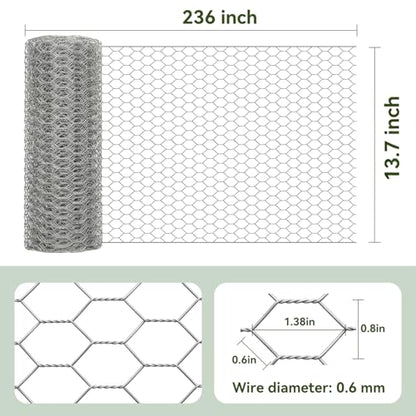 Amagabeli Chicken Wire Fencing 13.7 in x 236 in(20ft) Garden Netting Poultry Wire Hexagonal Galvanized Mesh Roll Fence Barrier for Raised Bed Cattle Panels for Plant Trellis Vegetable Bird Pet Craft - size: 1" 13.7"x20' + 100 Ties