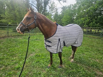 Navy Beige Plaid Horse Stable Sheet with Front Gussets, Lightweight Polyester Sheet for Horses, Travel, Stable & Show Use (Navy Beige Plaid, 76") - size: 76"
