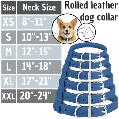OOPSDOGGY Rolled Leather Dog Collar Reflective – Genuine Leather Round Dog Collar for Small Medium Large Dogs (Blue, 8" - 11") - color: Blue, size: 8" - 11"
